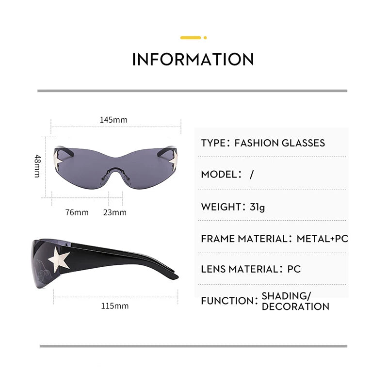 Y2K Rimless Sunglasses Men Women Luxury Brand Fashion Wrap Around Goggle Star Shape One Piece Sports Outdoor Shades Eyewear