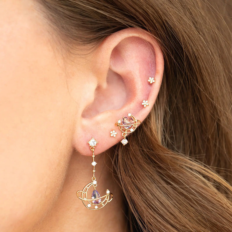 New Ins Asymmetric Moon Heart Earring For Women Cute Gold-plated Pink Zircon Heart Stud Earrings Fashion Aesthetic Jewelry Gift