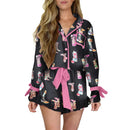 Christmas Pajamas for Women Bow Santa Claus Print Long Sleeve Shirts Ruffle Shorts Lounge Set Xmas 2 Piece Sleepwear