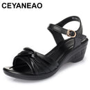 Genuine Leather Mother Sandals Summer New Large Black Women Shoes Buckle Female Summer Shoes