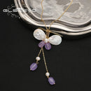 GLSEEVO Natural Pearls Butterfly Pendant Amethyst Long Chains Women's Necklace Elegant Charm Vintage Jewelry For Girls