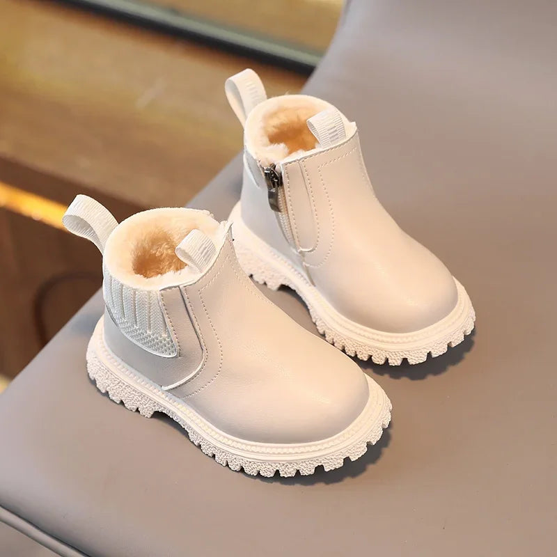 Winter Kids Boys Girls Fashion Boots British Style Zipper Velvet Warmth Non-Slip Short Boots Anti-slip Children Leather Shoes