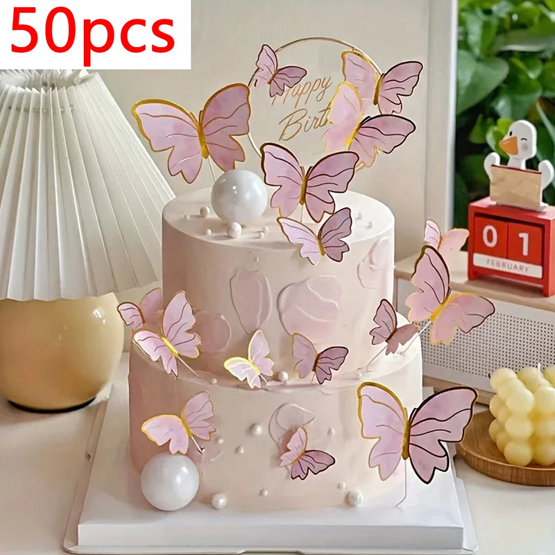 50pcs Butterfly Cake Decoration Gold Pink Butterfly Cake Toppers Birthday Wedding Anniversary Shower Baking Toppers