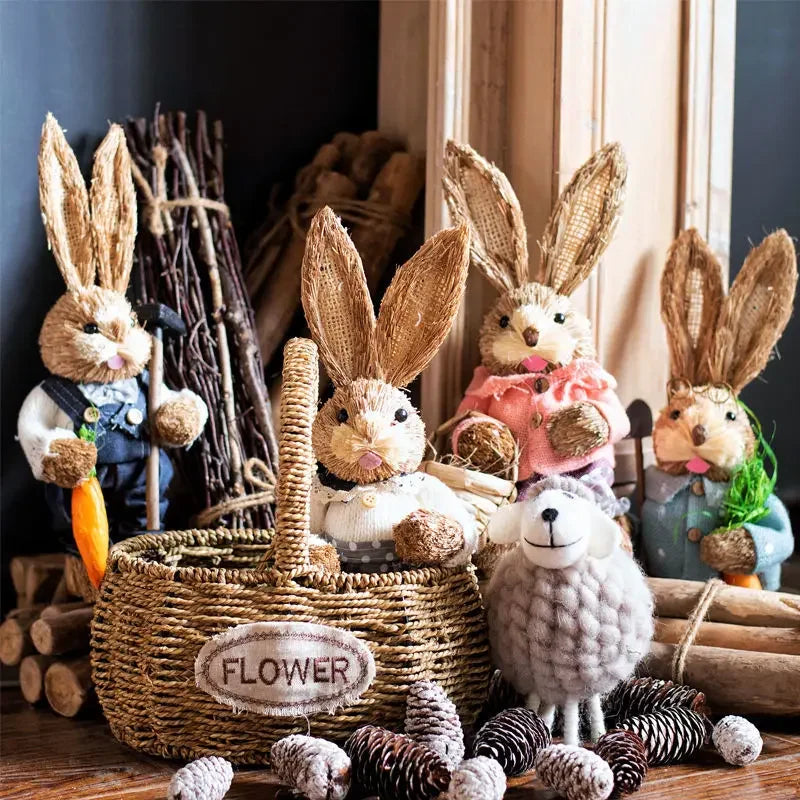 46cm Straw Woven Bunny Straw Rabbit Decoration Ornament Easter Holiday Decors Sculptures & Statuette Yard Party Home Supply