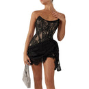 Women Strapless Bandage Backless Floral Lace Corset Tube Dress Sleeveless Off Shoulder Ruched Mesh Bodycon Mini Dress
