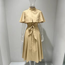 The Overcast Line | Belted Trench Midi Dress with Cape Overlay