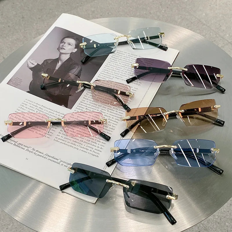 Rimless Rectangle Sunglasses Fashion Men Women Shades Small Square Sun Glasses For Female Trendy Summer Outdoor Accessory