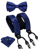 DiBanGu Mens Adjustable Silk Suspenders Bow Tie Cufflinks Pocket Square Set Metal Clips Y back Elastic Braces Wide Strap 3.5CM