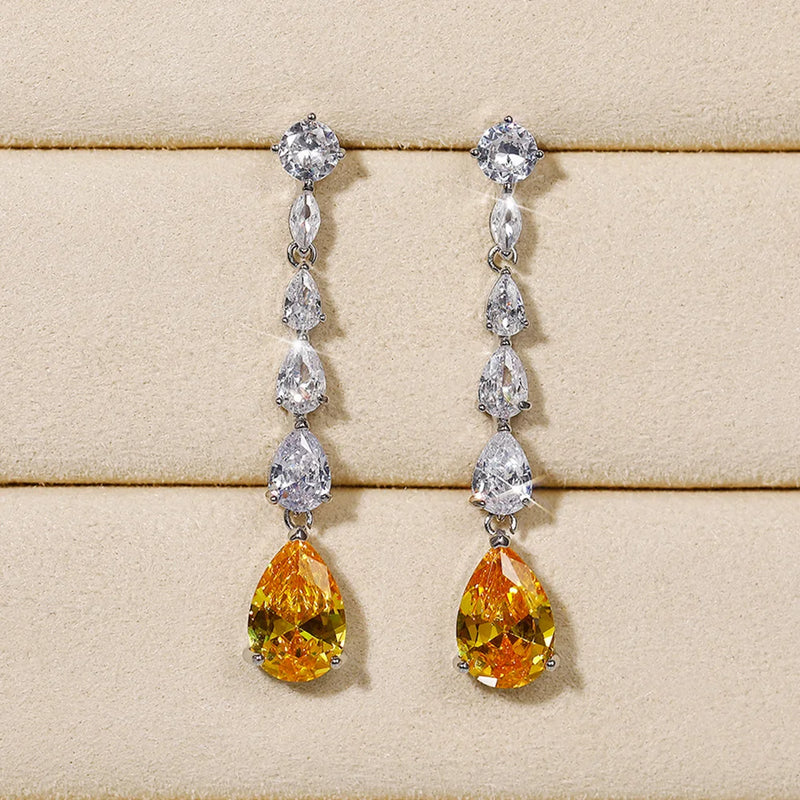 Huitan Bright Pear Yellow Cubic Zirconia Long Hanging Earrings Romantic Bride Wedding Accessory Luxury Fashion Jewelry for Women