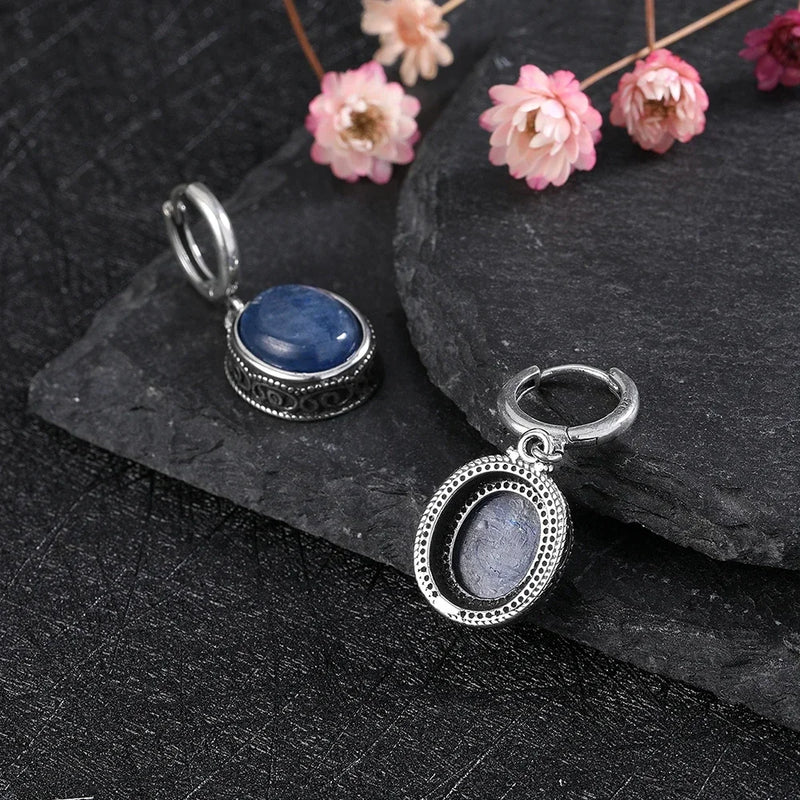 Oval Natural Kyanite Labradorite 925 Sterling Silver Hoop Earrings for Women Retro Party Dainty Earring Jewelry Wedding Gift