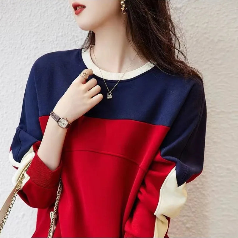 Autumn and Winter Women's Pullover Round Neck Contrast Shoulder Drop Long Sleeve Tee T-shirt Hoodies Fashion Casual Loose Tops