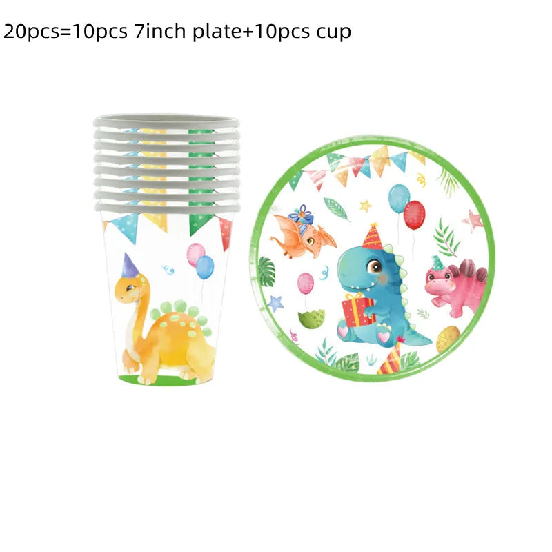 Dinosaur Birthday Disposable Tableware Set Dinosaur Plates Cups Napkins Banner for Boys Dinosaur Party Decoration Jungle Safari