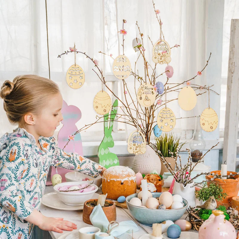 6/12Pcs Easter Egg Wooden Slice Kids DIY Painting Gift Hanging Pendant Unfinished Wood Crafts Happy Easter Party Home Decoration