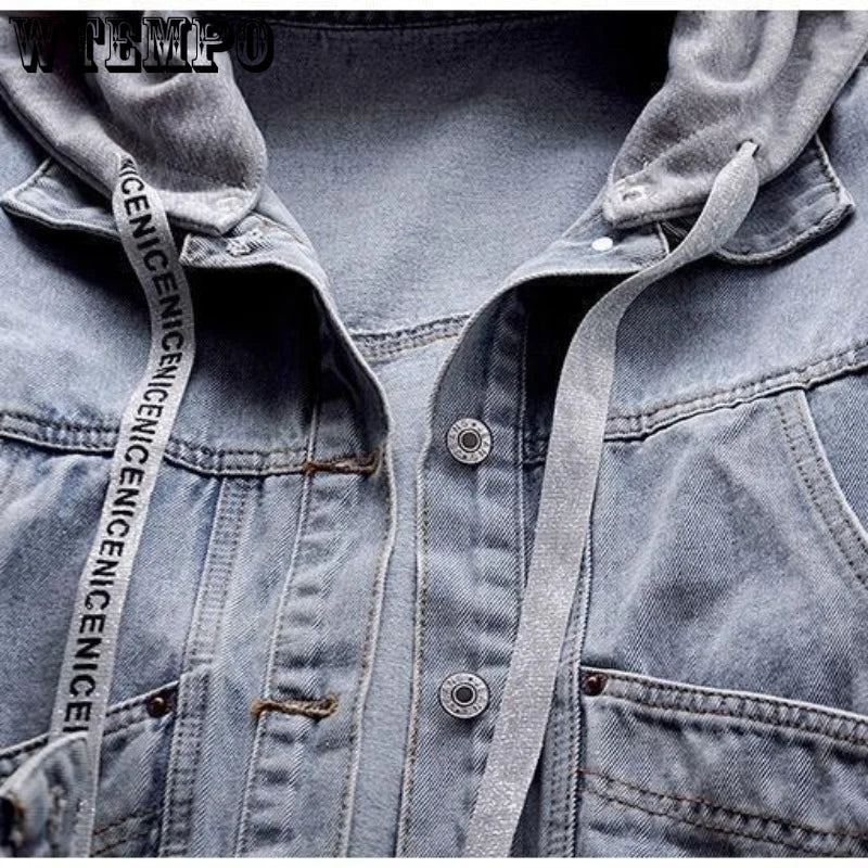 WTEMPO Women Spliced Hoodie Drawstring Long Sleeve Denim Coat Button Down Hoody Blue Black Jean Spring Autumn Outwear