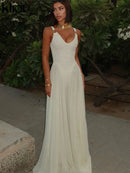 kliou Elegant Women Maxi Dress Solid Mesh Stacked Draped Suspendency Metal Connect Sheath Frock Mujer Trend Concise Banquet Robe