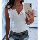 Metal Button Slim Tank Top Women Sexy Round Neck Sleeveless T-Shirt Summer Every Day Solid Top