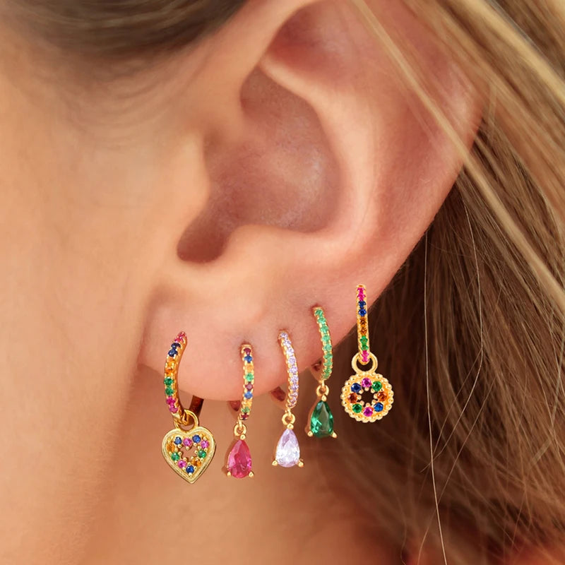 Exquisite Gold Plated CZ Dangle Earrings For Women Colorful Zircon Heart Dorp Hoop Earrings Fashion Party Jewelry Wholesale