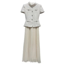 The Atelier Tweed | Pleated Patchwork Midi Dress with Structured Stand Collar
