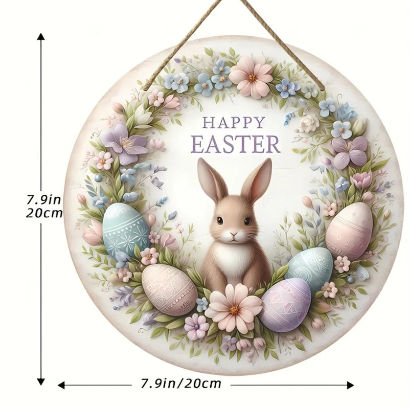 1 piece farmhouse style round wooden Easter bunny logo, 7.87 inch made wooden wreath with lilies and spring decoration, farmhous