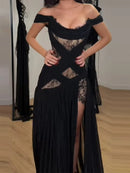 Elegant Lace Patchwork Slit Strapless Dress Sexy Off-shoulder High Waist Long Skirt New Trendy Party Y2k Robe Gothic Style Gown