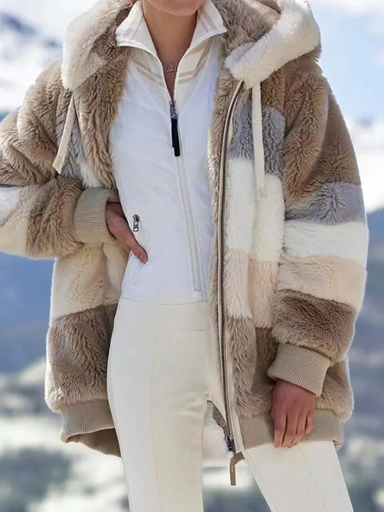 Women Fleece Hooded Coat Jacket 2023 Fashion Faux Fur Zip Up Outwear Elegant Warm Thick Plush Winter Jackets Female Clothes