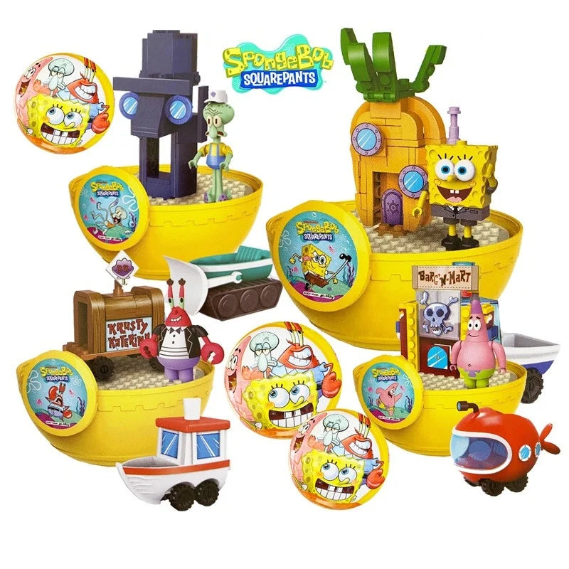 SpongeBob SquarePants Building Blocks Big Twisted Eggs Blind Box  Patrick Octopus King Krabs Car Boat Plug and Play Kids' Gift