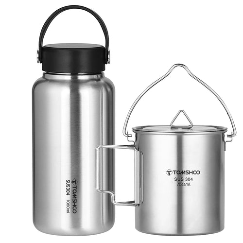 TOMSHOO 1050ml Edelstahl-Wasserflasche Auslaufsicherer Sportkessel mit 750ml Becher Kaffeetasse Hängekanne für Camping Wandern