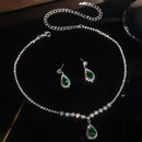 New Luxury Brand Fashion Green Water Drop Crystal Necklace Earring Set for Women Exquisite Wedding Bride Zircon Jewelry Set Gift