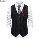 New Arrivals Men's Vintage Striped Suit Vest Fashion Business Party Dress Vests High-end Slim V Neck Casual Waistcoats Gentleman