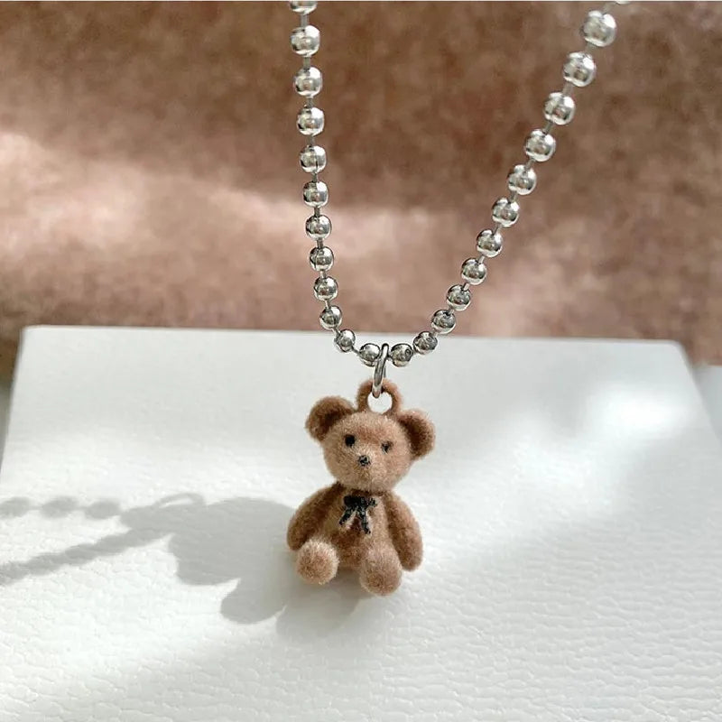 Cute Plush Bear Pendant Necklace for Girls Women Korean Fashion Bear Long Sweater Neck Chain Necklaces Collar Jewelry