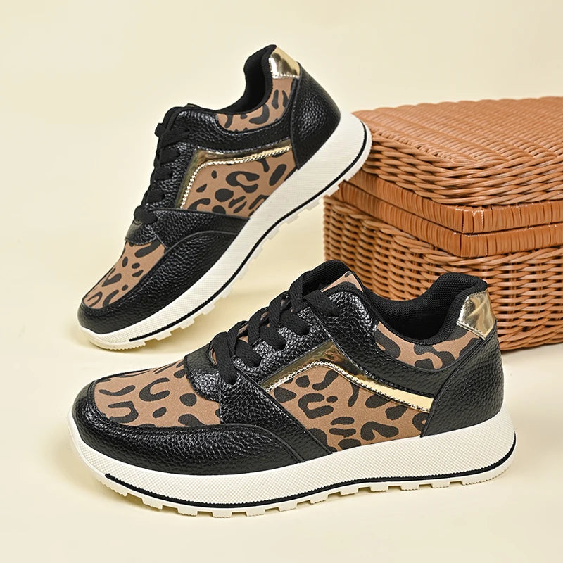2025 Spring Leopard Print Platform Sneakers Women Black Thick Bottom Vulcanized Shoes Woman Cozy Lace Up Wedge Sport Shoes Woman