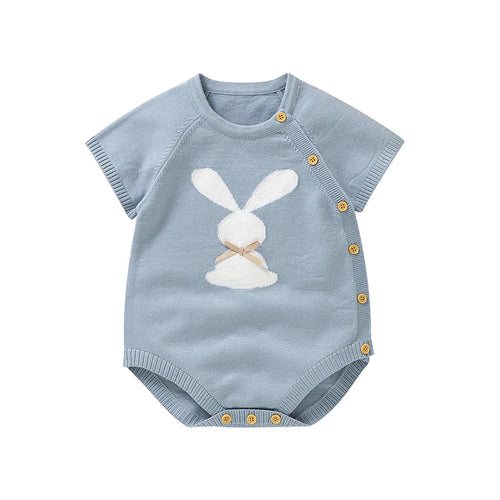 Aqua-blaue kurzärmelige Baby-Mädchen-Strampler mit Hasenprint, süßer Neugeborenen-Jumpsuit, weicher Baby-Body, Schlafanzug, Einteiler