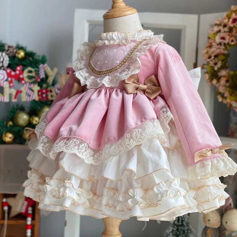 2024 Christmas Carnival New Year Palace Style Girls' Princess Dress Lace Bowtie Girls' Birthday Party Elegant Evening Dress