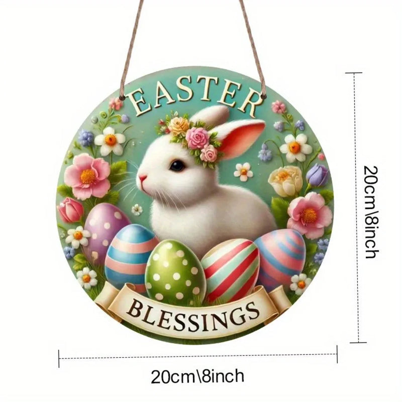 1 piece farmhouse style round wooden Easter bunny logo, 7.87 inch made wooden wreath with lilies and spring decoration, farmhous
