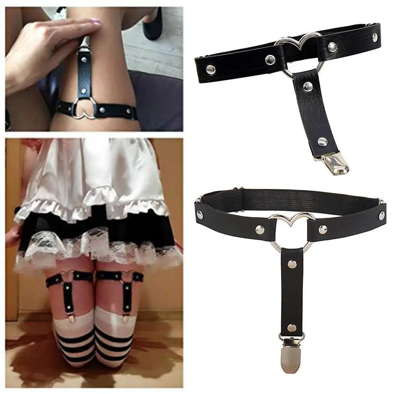 1pc Punk PU Leather Suspenders For Womens Sexy Elastic Anti Slip Leg Garter Belt Thigh High Stocking Sock Clips Accessory