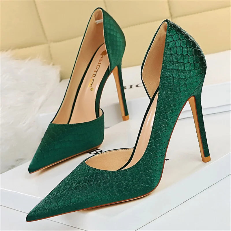 Women 7.5cm 10.5cm High Heels Elegant Pumps Lady Plus Size Silk Satin Green Silver Wedding Stiletto Low Heels Fetish Party Shoes
