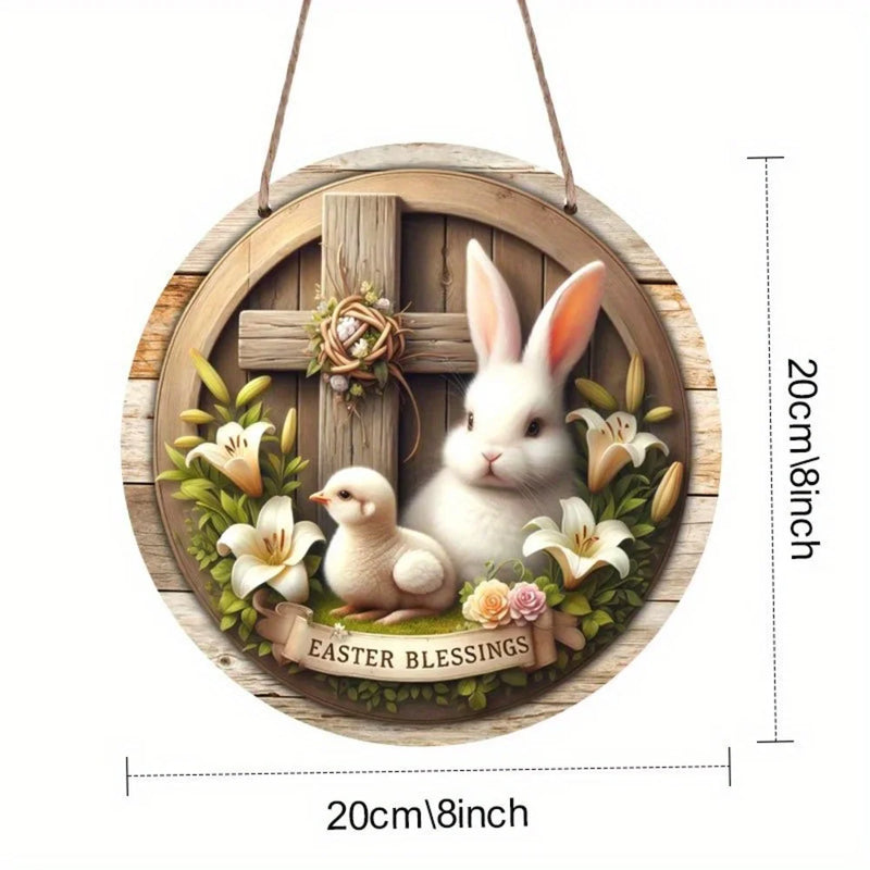 1 piece farmhouse style round wooden Easter bunny logo, 7.87 inch made wooden wreath with lilies and spring decoration, farmhous