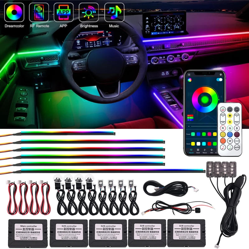 18 / 22 In 1 Streamer Car Ambient Lights RGB 213 64 Color LED Interior Rainbow Acrylic Strip Symphony Remote Atmosphere Lamp Kit
