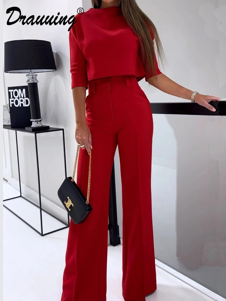 Drauuing  2 Pieces Sets Elegant T Shirts Half Sleeve And Wide Leg Pant Outfits Women Solid 2 Pant Sets For Women Casual Fashion