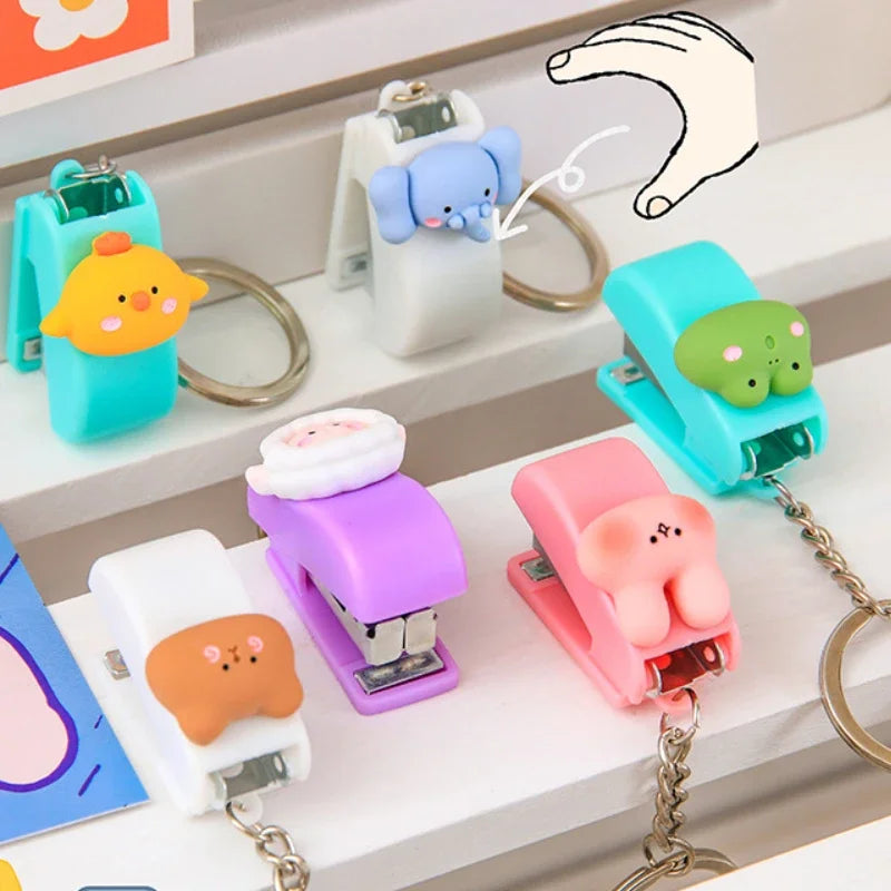 Cute Mini Stapler Portable Cartoon Staples Binding Tools File Organizer Office Stationery School Student Supplies Key Ring