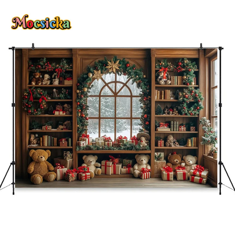 Christmas Toy Bear Gift Room Background Photography Kids Baby Show Wooden Bookshelf Window Backdrop Winter Xmas Tree Gift Booth