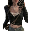 Lamuusaa y2k Crop Top Sweet Aesthetic Clothes Women Lace Patchwork Long Sleeve T Shirt with Bow Decor 2000s Clothing Streetwear