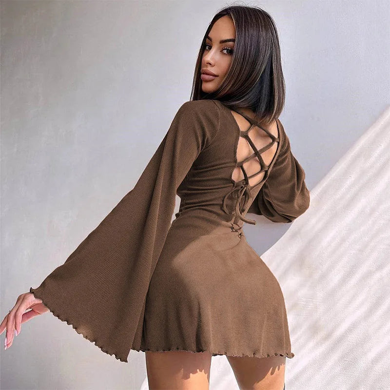 Sexy Dresses Nightclub Mini Short Party Dress Women Back Bandage O Neck A Line Flare Sleeves Autumn Vestidos Ladies Fall Robe