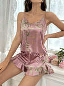 Elegant Floral Print Cami Tops   Ruffle Hem Shorts Pajama Set  Women's Sleepwear  Loungewear