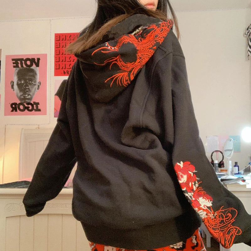 Dourbesty Vintage Gothic Grunge Skull Print Zip Up Hoodies Dark Academia Harajuku Sweatshirts Autunm Aesthetic Coat Tops Y2k