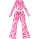 VEITCHE Women's Summer Outfit Casual Leopard Print Long Pant Suit Slim Hoodie Zipper Top High Waist Trousers Set Street Style