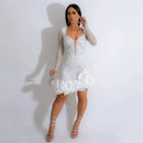 2024 Neues Damen Mesh Ärmel Bodycon Sexy Diamanten Geburtstagsparty Kleid Gestufte Rüschen Strass Perlen Nachtclub Kleid Pink