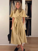 The Overcast Line | Belted Trench Midi Dress with Cape Overlay