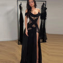 Elegant Lace Patchwork Slit Strapless Dress Sexy Off-shoulder High Waist Long Skirt New Trendy Party Y2k Robe Gothic Style Gown