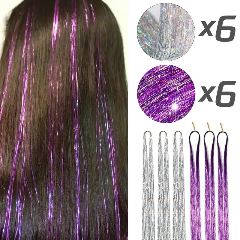 Tinsel Hair Extension 12pcs Glitter Sparkling Shinny Fairy Hair Accessories for Women and Girls for Christmas New Year Halloween